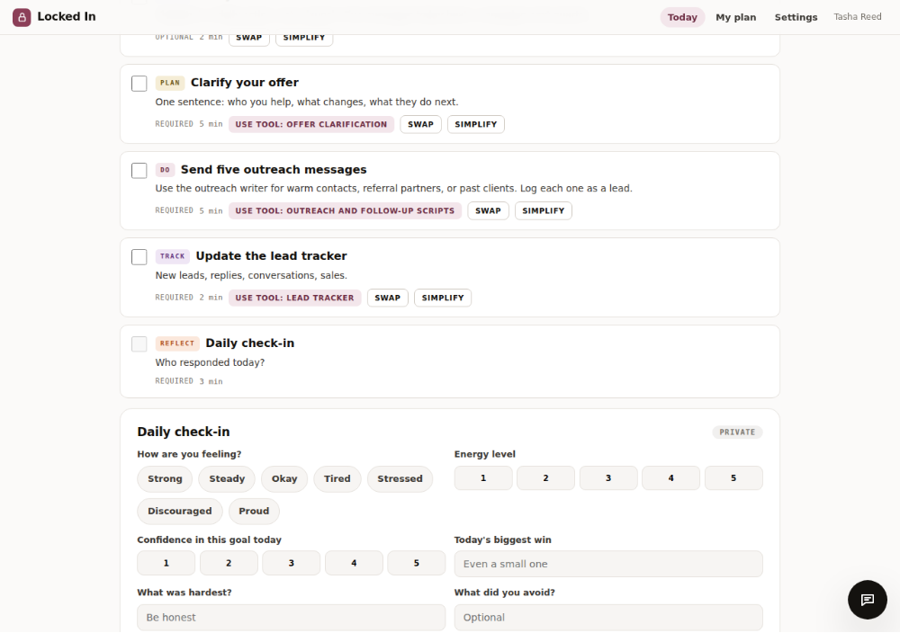 Daily actions with tools and the check-in