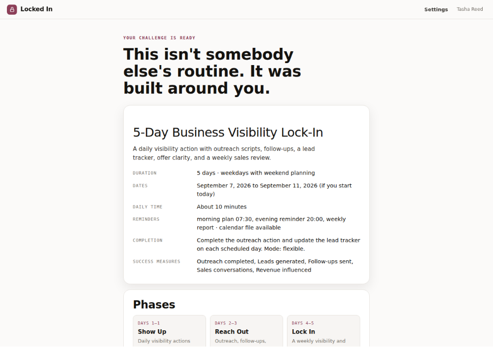 A branded 5-Day Business Visibility Lock-In built in The Challenge Studio