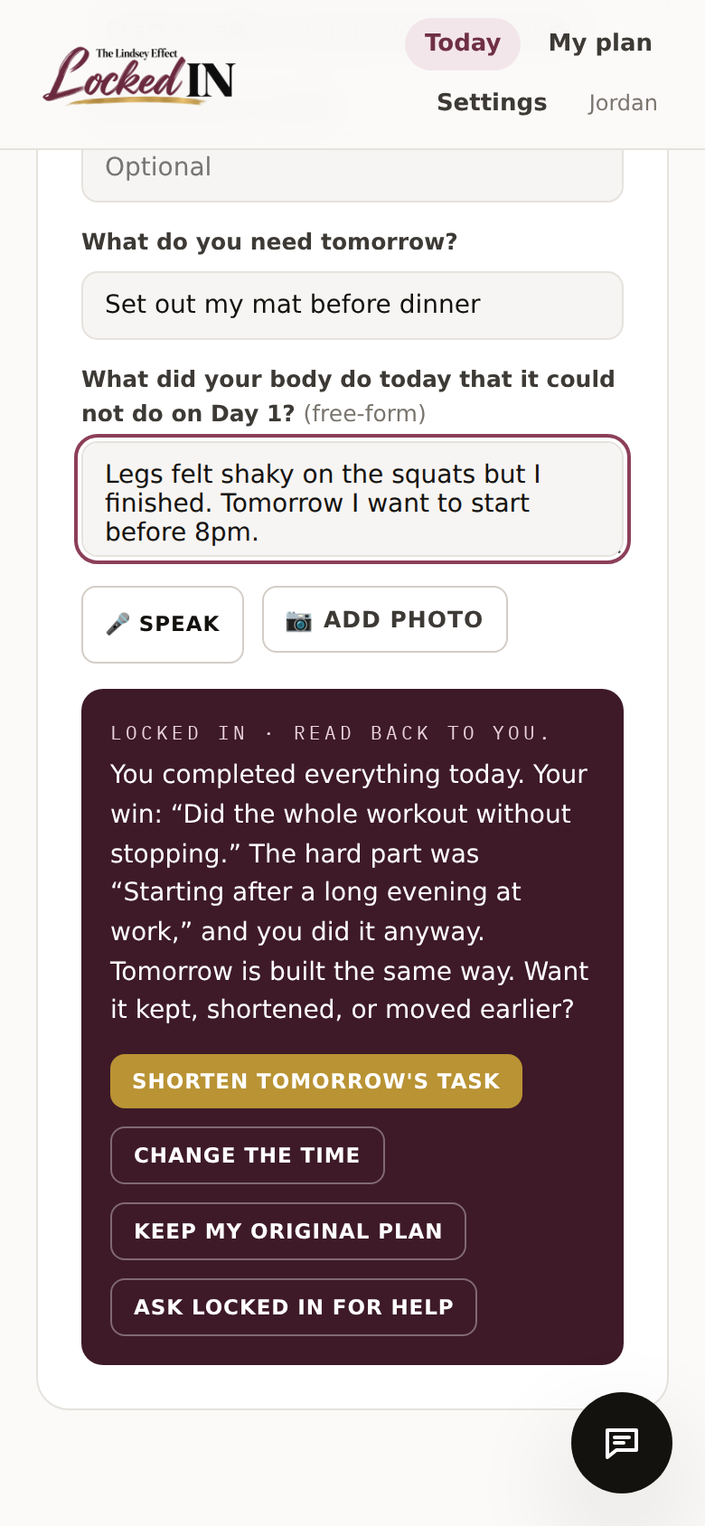 Locked In reads a check-in back and offers to shorten, move or keep tomorrow's plan