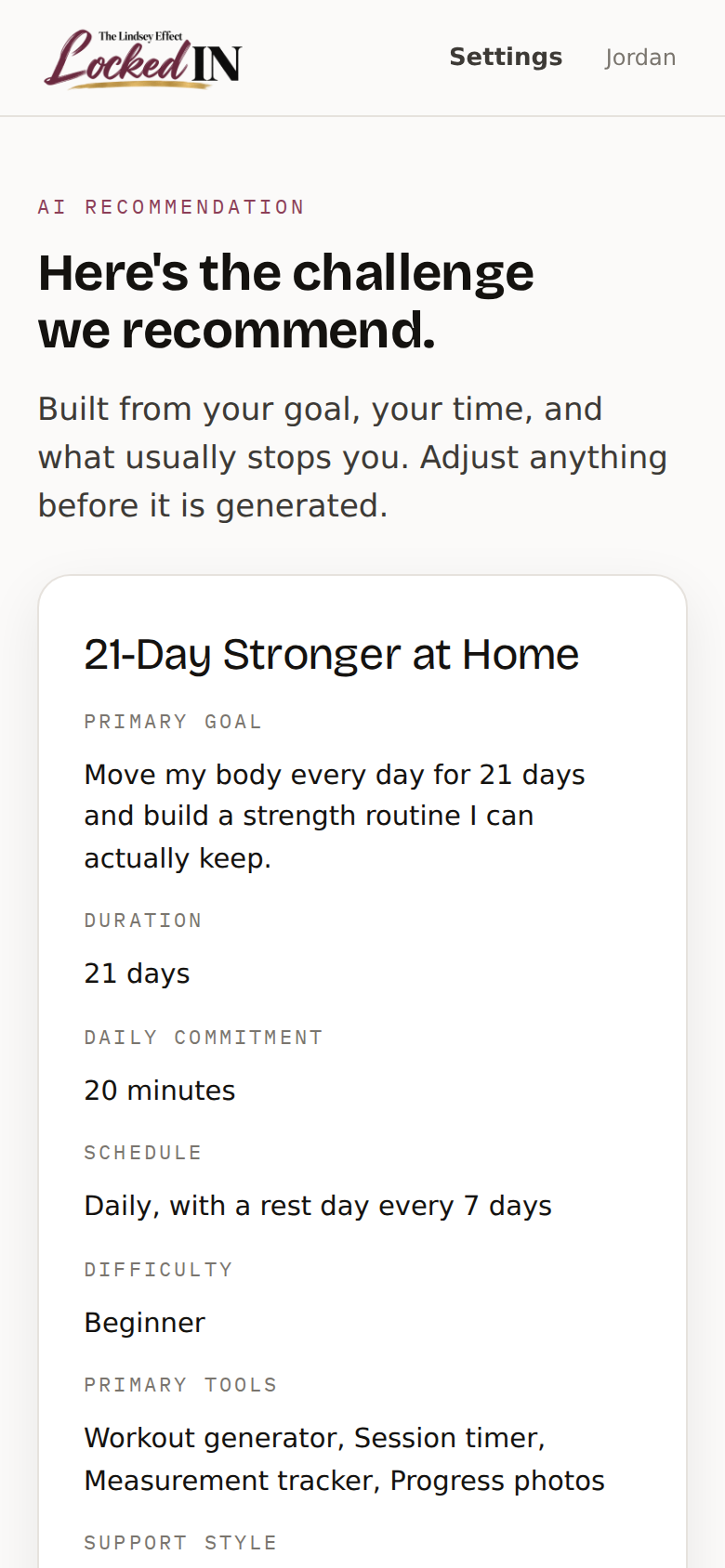 Locked In: the recommended challenge summary before it is generated
