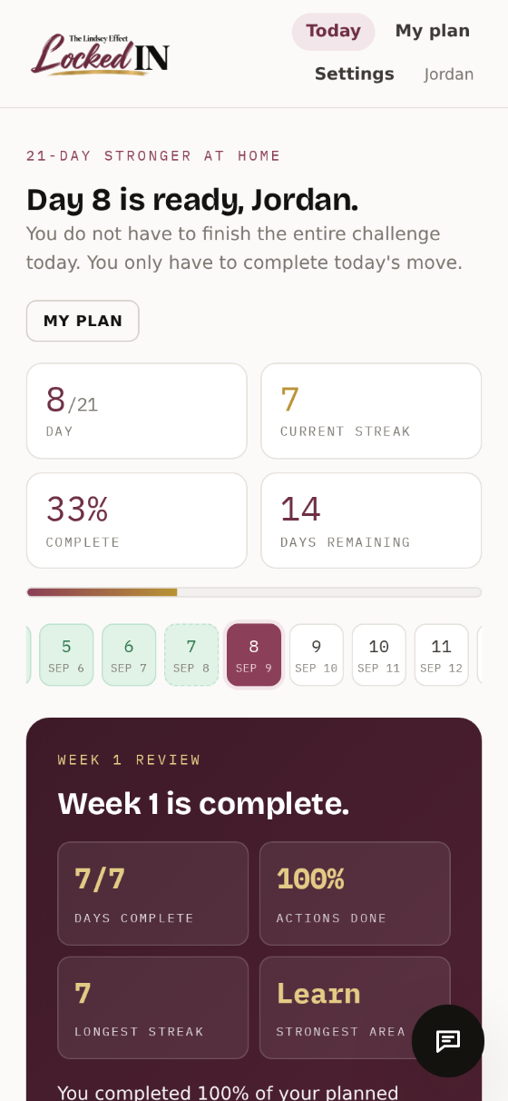 Locked In dashboard one week in with a seven-day streak