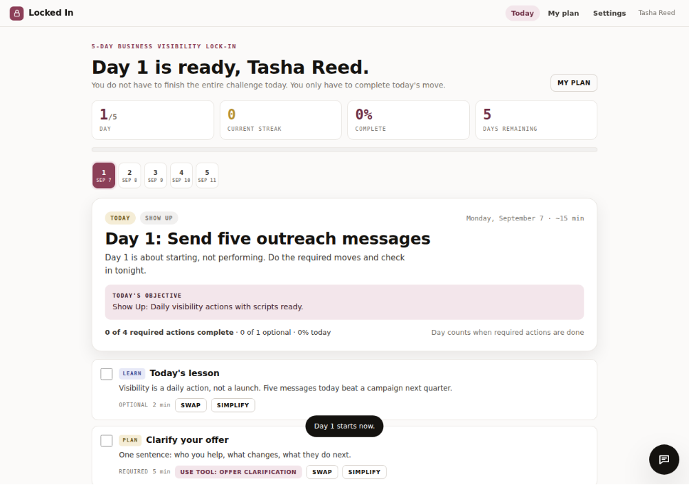 A participant's Day 1: the day's move, the lesson, the required actions and the progress