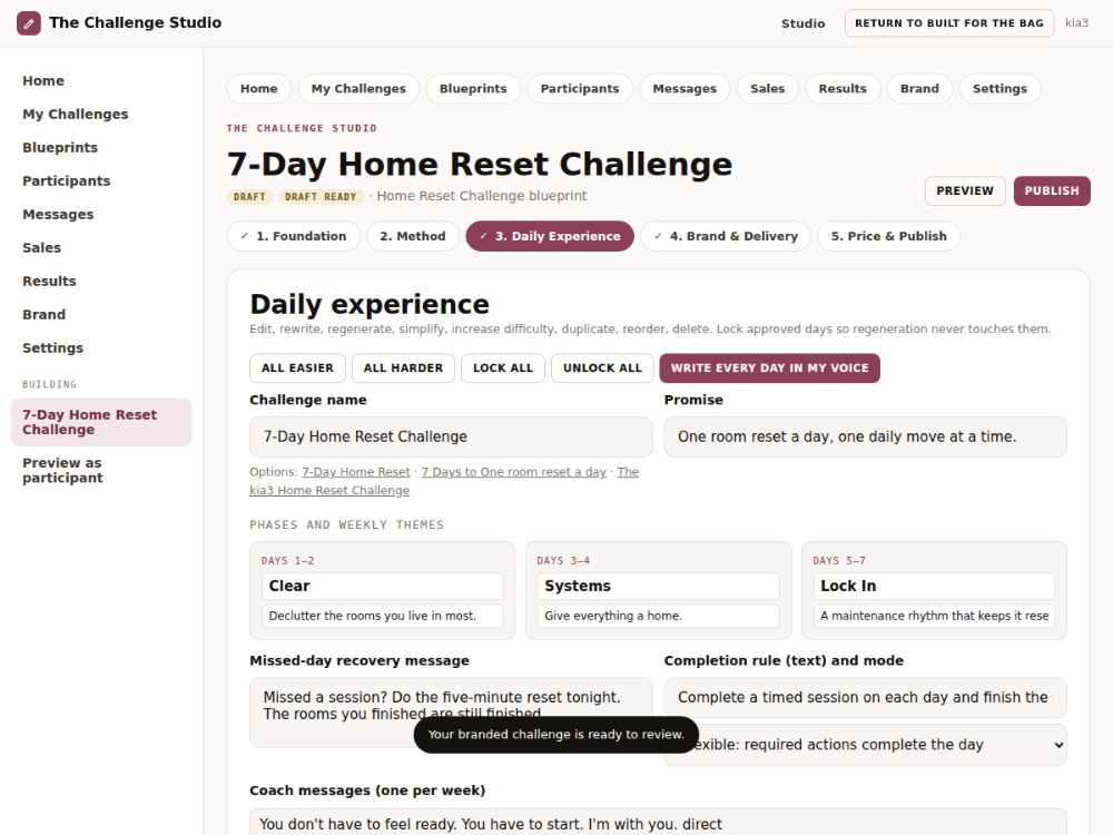The Challenge Studio building a 7-Day Home Reset Challenge, with Write every day in my voice, the phases, coach messages and a Publish button